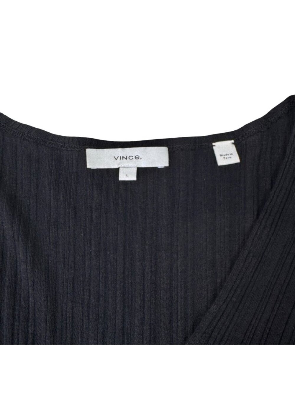 Vince Rib-Knit Deep V Wrap Top Sz L Black Minimalist Goth Capsule Wardrobe - Picture 5 of 11